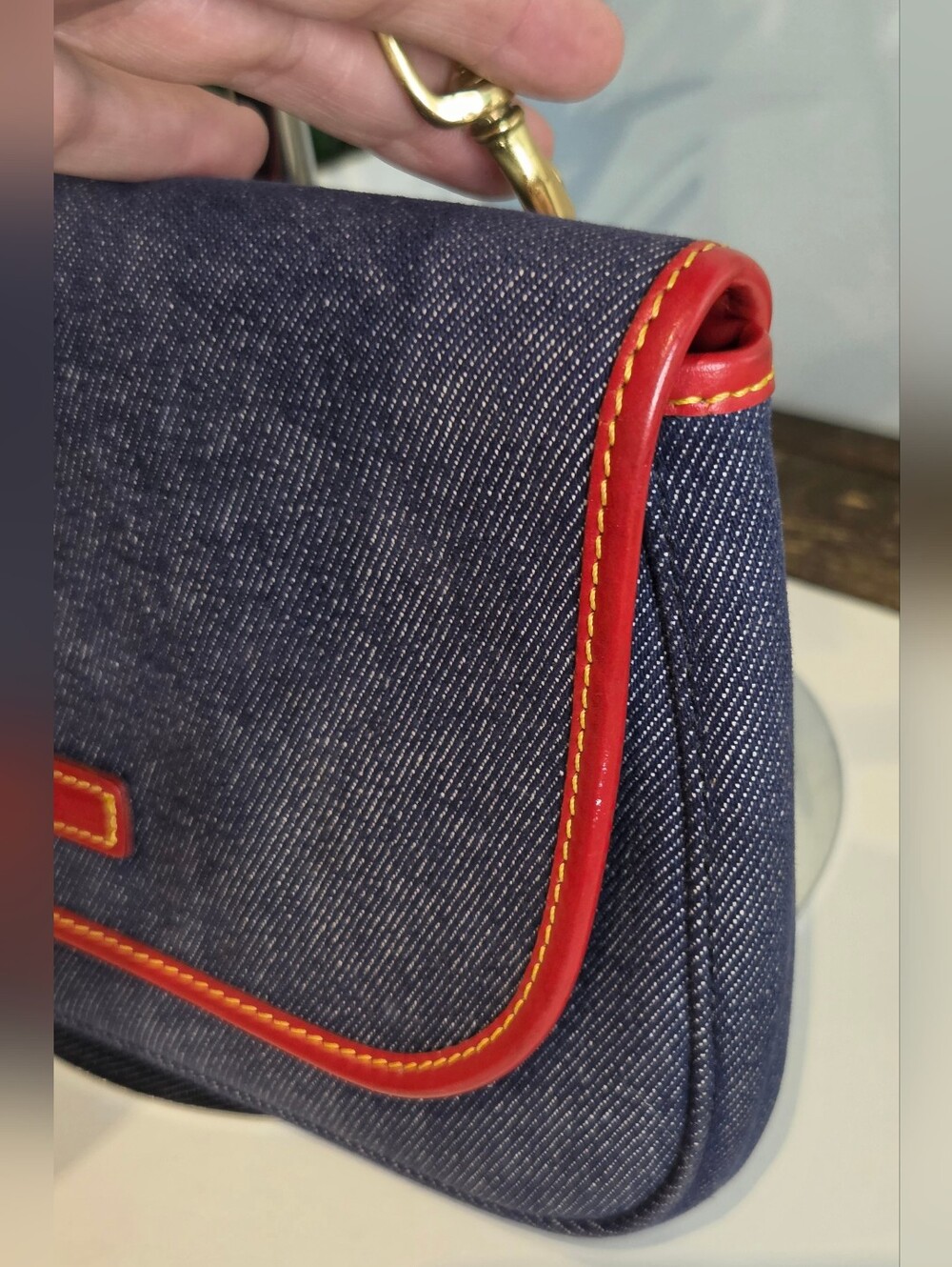 Dooney & Bourke Denim & Red Leather Crossbody Flap Bag - Vintage Made in USA - Picture 3 of 14